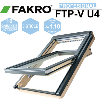 Fereastră de mansardă FAKRO FTP-V U4 Tripan – Articulare Mediană, Uw=1,1 W/m²K