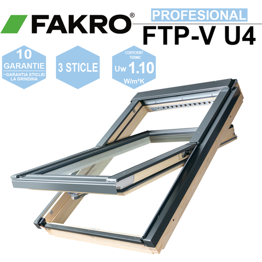 Fereastră de mansardă FAKRO FTP-V U4 Tripan – Articulare Mediană, Uw=1,1 W/m²K