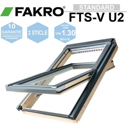 Fereastră de mansardă FAKRO FTS-V U2 – Articulare Mediană, Termopan, Uw=1,3 W/m²K
